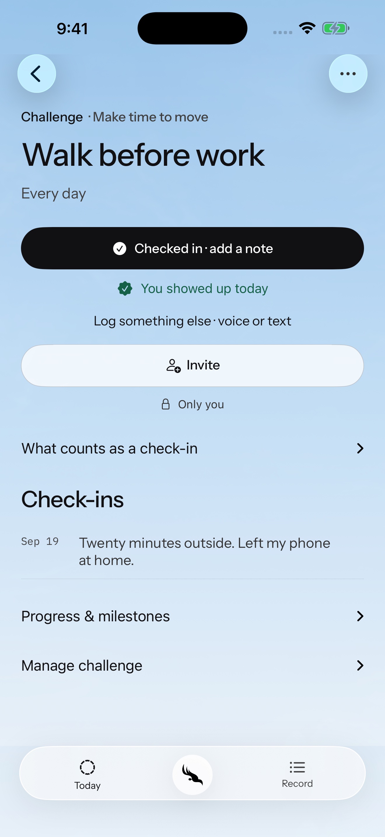 FIREBIRD challenge with one-tap check-in, optional voice or text, invitations and milestones