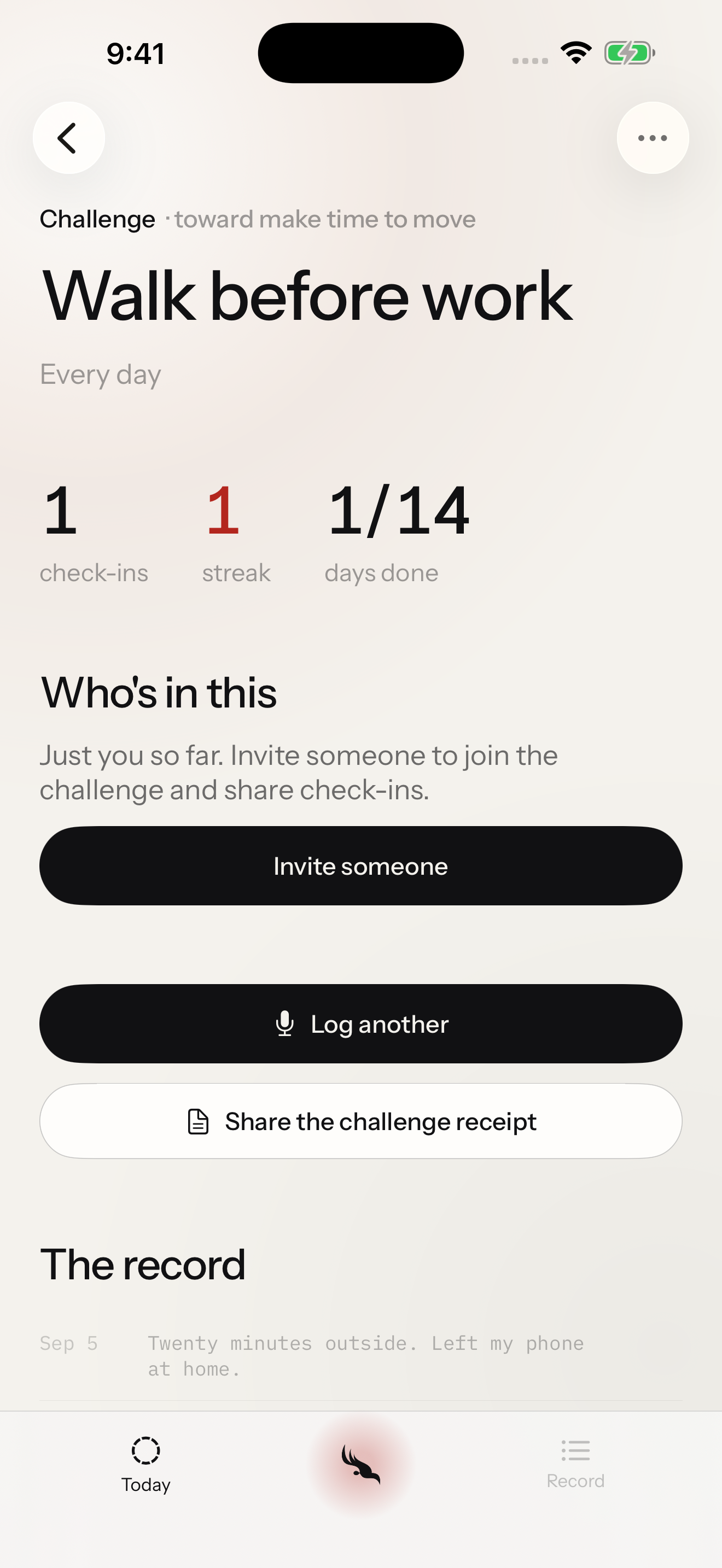 FIREBIRD iPhone challenge screen showing the schedule, check-ins and invitation button