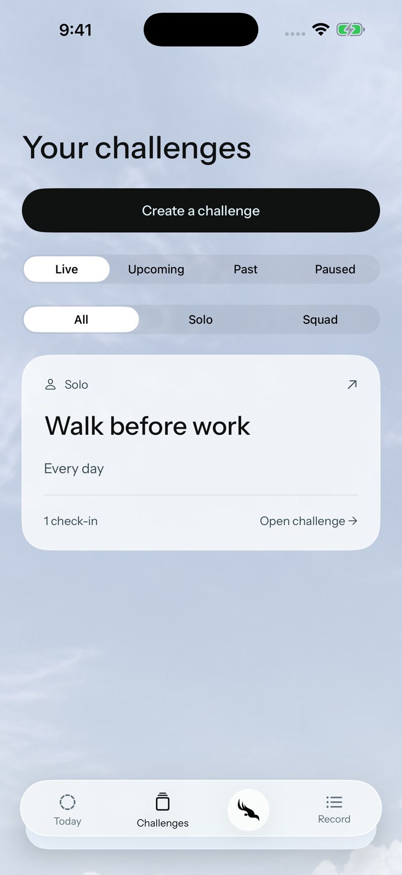 FIREBIRD Challenge library with Solo and Squad filters and a walking challenge card