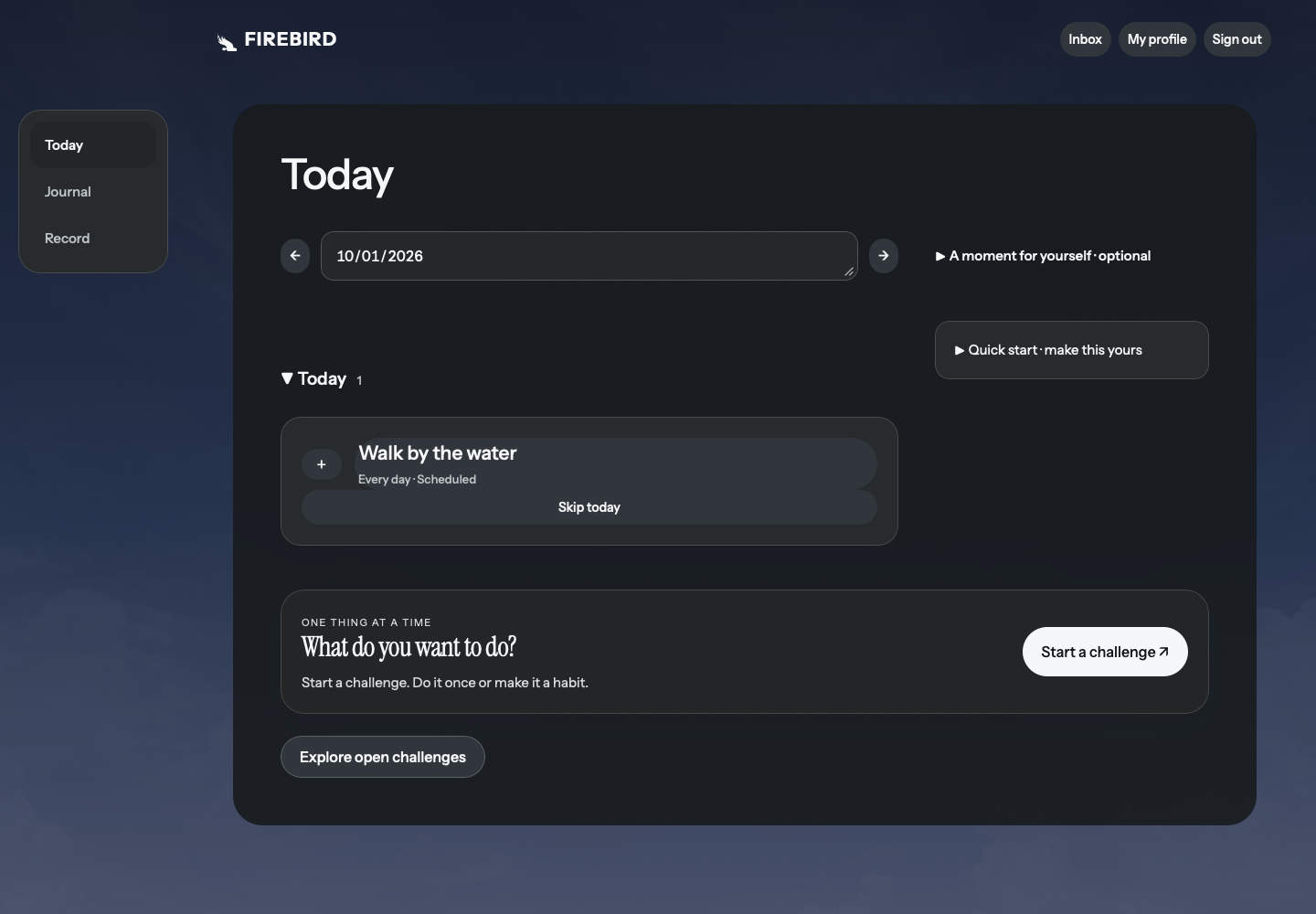 FIREBIRD web workspace with Today, a shared walking challenge and optional reflection